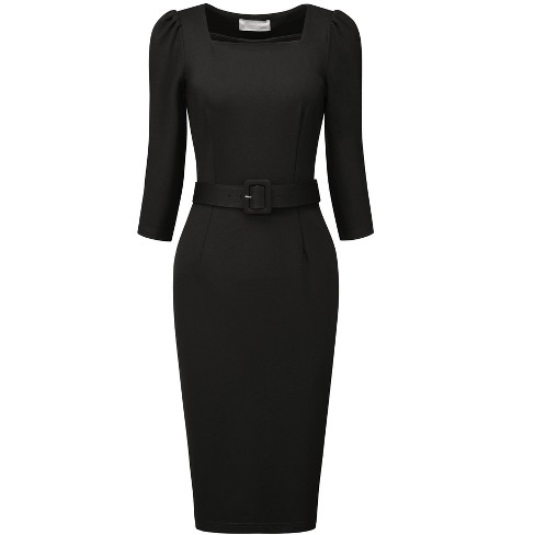 Hobemty Women's Vintage Square Neck Puff Sleeve Belted Pencil Dresses Black  X-Large