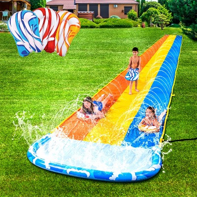 Joyfy 22.5ft Extra Large Triple Lane Water Slides, Summer Lawn Waterslides Toy with Build in Sprinkler for Kids Adults