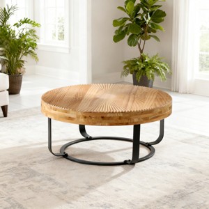 LIVAREEmlen Contemporary Round Wood Coffee Table with Black Metal Base, Stylish Living Room Table with Geometric Design - 1 of 4