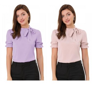 Allegra K Women's Elegant Bow Tie Neck Elastic Cuffs Office Short Sleeve Blouse 2 Pcs - 1 of 4
