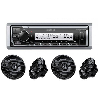 Kenwood KMR-M332BT Digital Media Receiver with Bluetooth with 2 Pairs of KFC-1653MRB 6.5" 2-way Marine Speaker System (Black), 150W Max Power