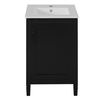 Vynxaria 20-Inch Black Bathroom Vanity - Ceramic Sink, Soft-Close Door, Adjustable U-Shelf - Modern Freestanding for Small Bathrooms