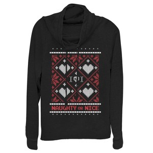 Juniors Womens CHIN UP Naughty or Nice Knit Print Cowl Neck Sweatshirt - 1 of 3