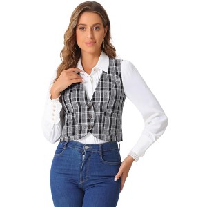 INSPIRE CHIC Women's Vintage Plaid V Neck Single Breasted Sleeveless Vest - 1 of 4