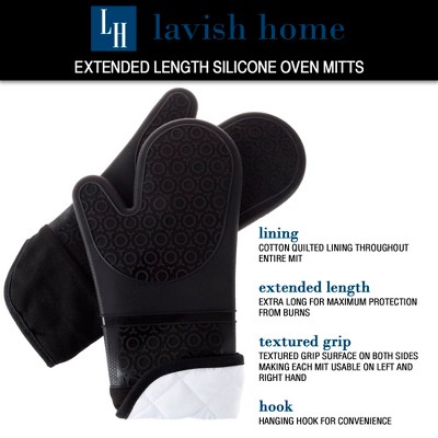Extra Long Black Silicone Oven Mitts with Quilted Lining