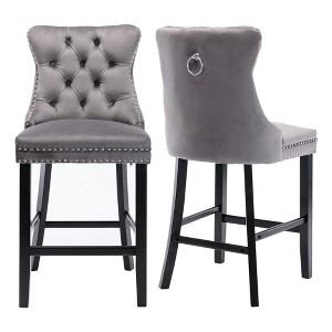 QingMoon Velvet Upholstered Barstools, Button Tufted Counter Chairs Set of 2 with Nailhead Trim and Wooden Legs for Kitchen, Cafe, Pub - 1 of 4