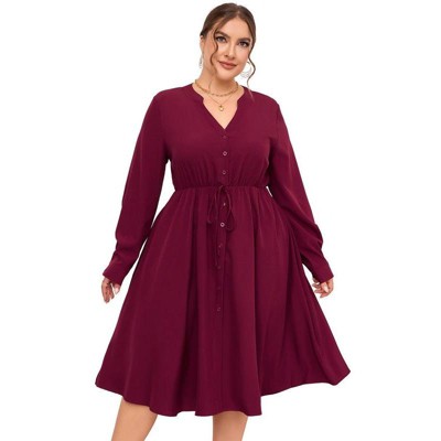 Coolmee Women Plus Size Button Down Maxi Dress V Neck Long Sleeve Business Casual Work Polo Shirt Long Dress with Pockets