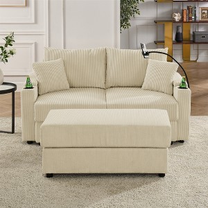 Modern Corduroy Sofa Chair Set with Storage Ottoman - 22.5" Deep Seat Couch with Cup Holders & Phone Pockets, Solid Wood Frame for Living Room - 1 of 4