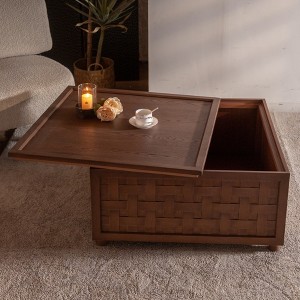 GDFStudio Bob Storage 31.5" Square Wood Coffee Table with Removable Lid and Weaving Decoration - 1 of 4