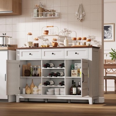 Garvee 53.5 Inch Farmhouse Buffet Cabinet with Storage Removable Reversible Wine Rack Adjustable Shelves, White