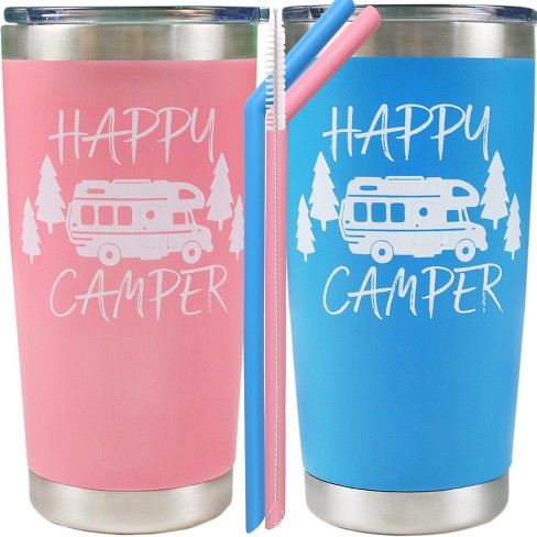 Happy Camper Wine Tumbler with Sliding Lid - Stemless Stainless Steel Insulated Cup - Cute Outdoor Camping Mug - Pink
