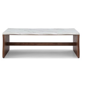 TiramisuBest 47.24" Modern Coffee Table, Whisper of Waves Organic Shape with Faux Marble Top & Wood Base,Natural Wood - 1 of 4