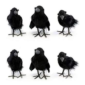 Cornucopia Brands 4in Black Artificial Crows 6pk; Imitation Artificial Birds/Ravens for Halloween Fall Seasonal Decor