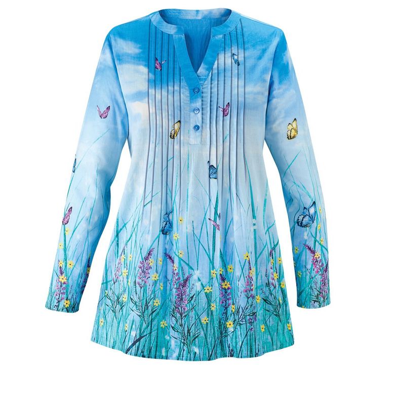 Collections Etc Butterfly Floral Garden Pintuck Tunic with Split V-Neckline, 4 of 6