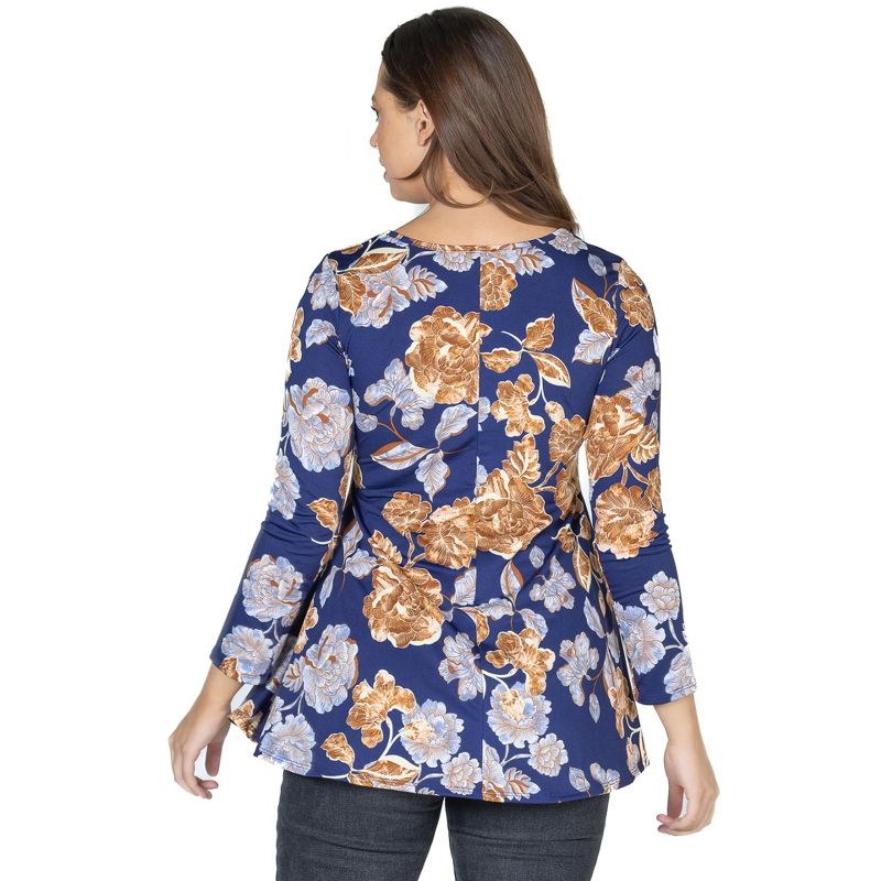 24seven Comfort Apparel Womens Blue Floral Long Sleeve V Neck Tunic Top, 3 of 5