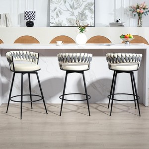 DYHOME 28 inch Bar Stools Set of 3, Modern Counter Height Bar Stools, 360° Swivel Suede Fabric Stool Chairs with Woven Back and Footrest - 1 of 4