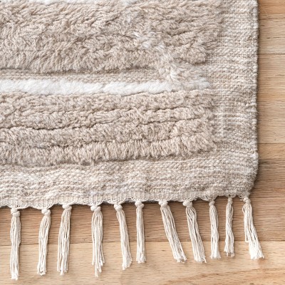 Handmade Geometric Shag Wool-Cotton Area Rug, 5' x 8', Beige