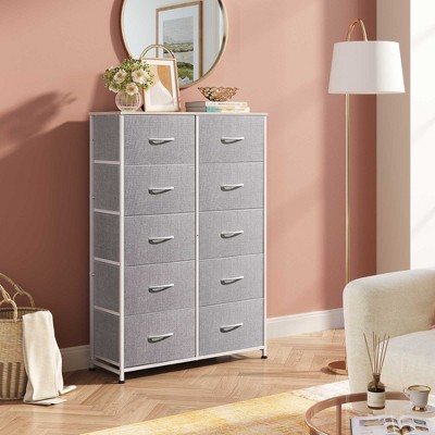 Tall Dresser with 10 Fabric Drawers, Storage Tower with Cabinet, Metal Frame, Organizer Units for Closet