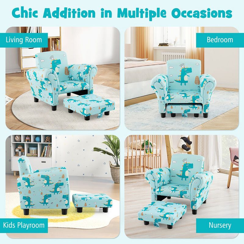 Tangkula Kids Upholstered Sofa w/Cute Patterns Footstool Ergonomic Backrest Armrests Blue, 3 of 9