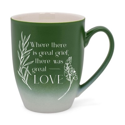 Elanze Designs Where There Is Great Grief There Was Great Love Two Toned Ombre Matte Green and White 12 ounce Ceramic Stoneware Coffee Cup Mug