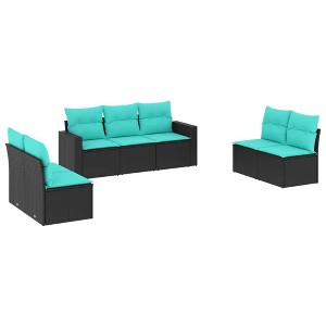 vidaXL 7 Piece Patio Sofa Set with Cushions Black Poly Rattan - Black and Blue Without Table - 1 of 4