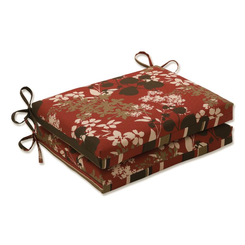 2-Piece Outdoor Reversible Seat Pad/Dining/Bistro Cushion Set - Brown/Red Floral/Stripe - Pillow Perfect, 1 of 10