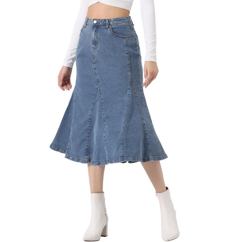 Allegra K Women's Casual Denim High Waisted A-Line Flared Midi Skirts, 1 of 6