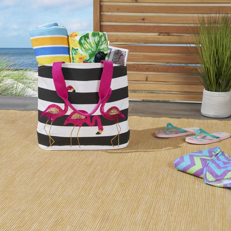 Mina Victory Stripe Sequin Flamingos 22" x 15" x 6" Beach Bag with Matching Clutch Black White, 2 of 9