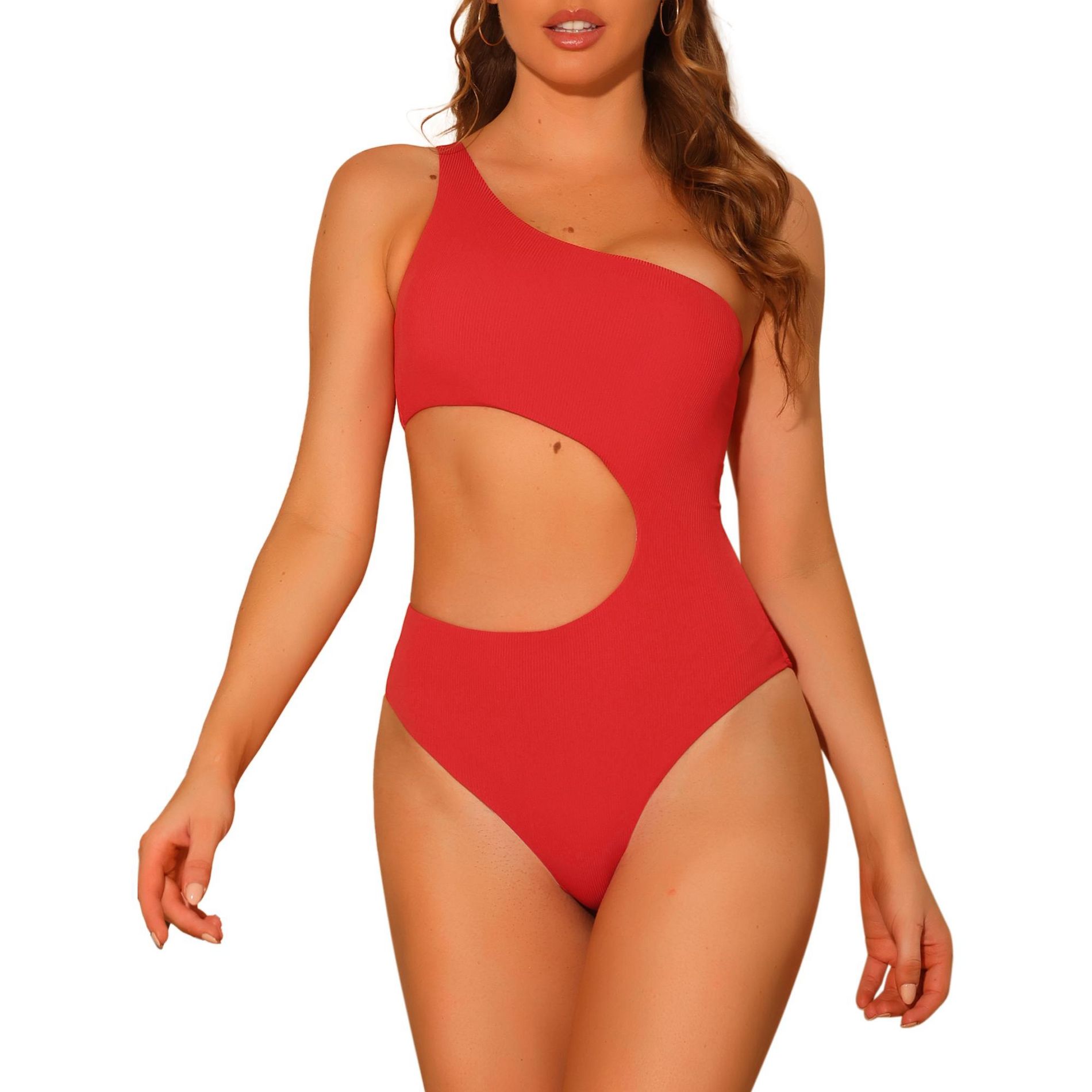 Elerevyo Women's One Shoulder Monokini Asymmetric Waist Cutout Solid Swimwear Bathing Suit 1 Pc