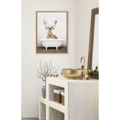 Natural Framed Canvas with Deer in Bathtub, 18" x 24"