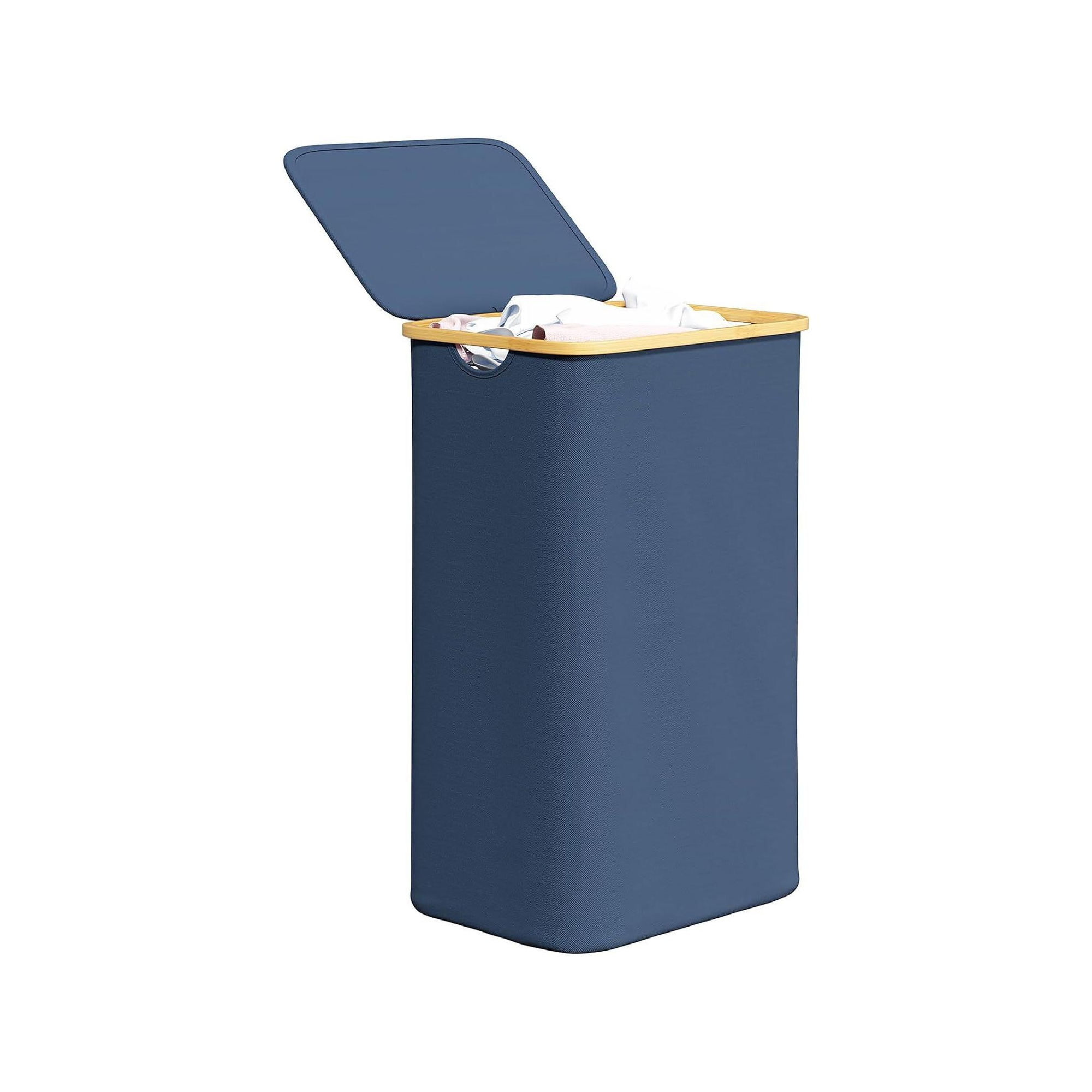 110 L Laundry Hamper with Lid,features Bamboo Handle,Blue