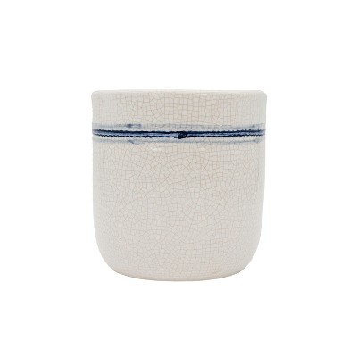 5.5" Edaline Vintage White Crackle & Blue Stripe Stoneware Planter Pot