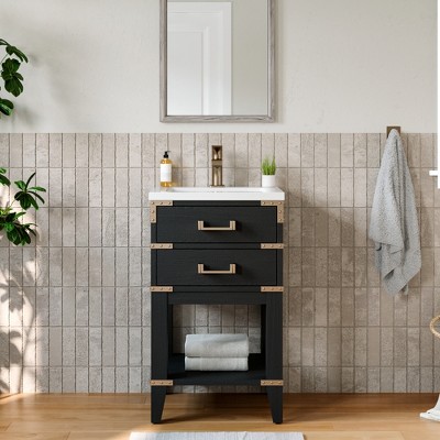 HBEZON Bathroom Vanity with Integral Resin Sink, Freestanding Modern Bathroom Cabinet with Soft Close Door, Rubber Wood, Gray