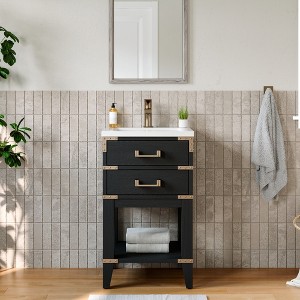 HBEZON Bathroom Vanity with Integral Resin Sink, Freestanding Modern Bathroom Cabinet with Soft Close Door, Rubber Wood, Gray - 1 of 4