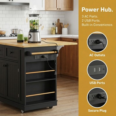 LauKingdom 48" Large Kitchen Island with 2 Bar Stools, Power Outlet, Drop Leaf Countertop, 5 Wheels, 2 Drawers, Door Storage Rack & Open Side Shelves, Black — фото 7