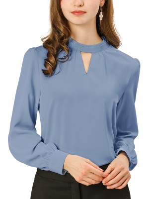 INSPIRE CHIC Women's Office Keyhole Elegant Stand Collar Long Sleeve Back Neck Button Blouse