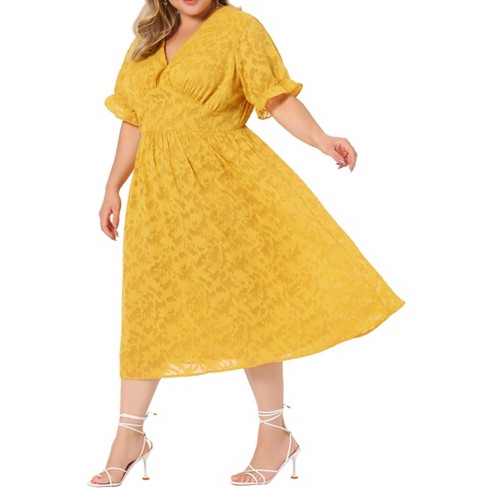 Agnes Orinda Women's Plus Size Elegant Lace Floral Ruffle Short Sleeve V  Neck Trendy Midi Dresses Yellow 3X