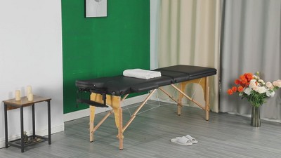 Black Adjustable Portable 3-Fold Massage Table with Beech Wood Frame