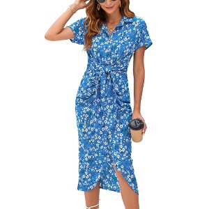 Clearlove Women's Summer Vacation Dress With Floral Short Sleeved Midi V-Neck Long Shirt Dress - 1 of 4