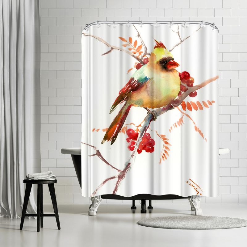Americanflat 71" x 74" Shower Curtain, Cardinal Bird And Berries by Suren Nersisyan, 1 of 9