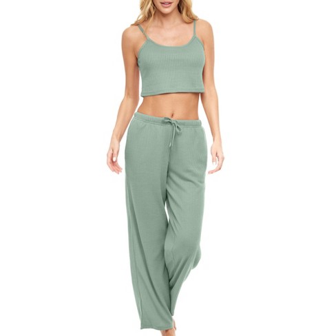 ADR Women's Ribbed Knit Pajamas Set Set with Pockets, Cami Top and Pajama  Thermal Underwear Pants Sage X Large