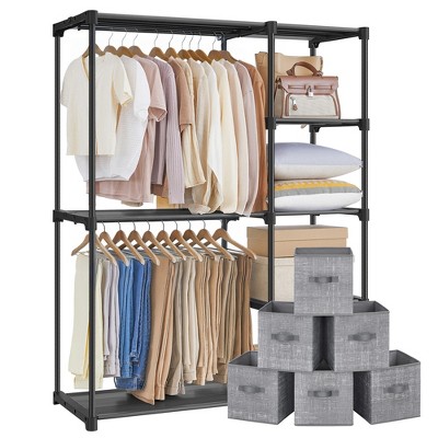 Portable Closet Organizer with 6 Storage Cubes & Hanging Rods, Foldable Non-Woven Fabric Shelves for Clothes/Shoes, Black & Cattail Gray