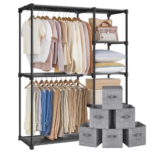 Portable Closet Organizer with 6 Storage Cubes & Hanging Rods, Foldable Non-Woven Fabric Shelves for Clothes/Shoes, Black & Cattail Gray - 1 of 4