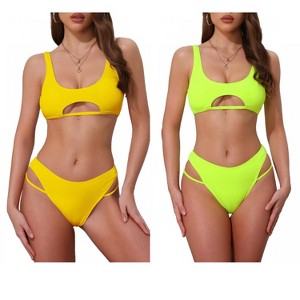 INSPIRE CHIC Women's Ribbed Scoop Neck Top Triangle Bottom Swimwear Bikini Suits 2 Sets - 1 of 4