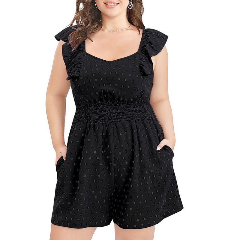 Women's Plus Size Swiss Dot Rompers Summer Sleeveless Short Jumpsuits with Pockets, 1 of 8