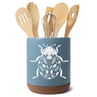 Elanze Designs 8 inch Floral Beetle Large Ceramic Kitchen Utensil Holder Sky Blue and White Crock with Cork Base