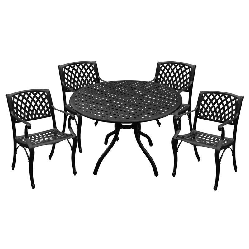 5pc Outdoor Dining Set with 42&#34; Modern Ornate Outdoor Mesh Aluminum Round Patio Dining Table &#38; Modern Chairs - Black - Oakland Living, 1 of 9