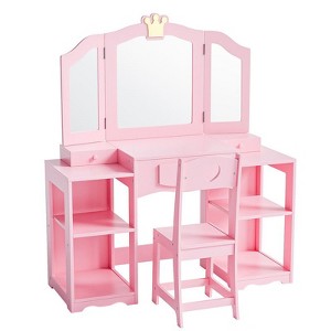 Karl Home Kids Vanity Table and Chair Set, 2 in 1 Girls Vanity Storage Cabinet w/Tri-Folding Mirror - 1 of 4