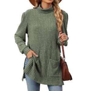 Women's Mock Neck Long Sleeve Knit T-Shirt Oversized Slit Side Pocket Pullover Loose Fit Ribbed Cuff Top, Casual Streetwear Tunic Sweater - 1 of 4