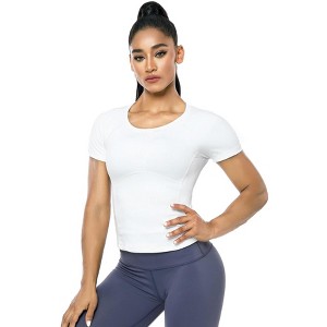 BLUEMING Womens Athletic Tops Cropped Breathable Activewear T-Shirts Round Neck Back Ventilated Mesh Tops Gym Jogger Outfits - 1 of 4